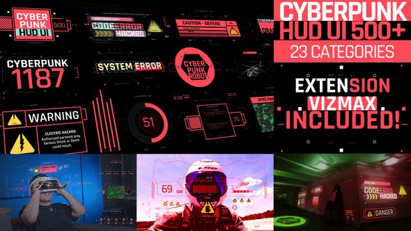 AE脚本-500个HUD科技感赛博朋克UI界面元素动画预设 Cyberpunk HUD UI 500+