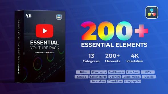 达芬奇模板-200个视频社交自媒体宣传介绍展示动画预设 YTB Essential Pack