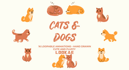视频素材-16组手绘卡通可爱猫猫狗狗动画 Cats And Dogs Hand Drawn Pack