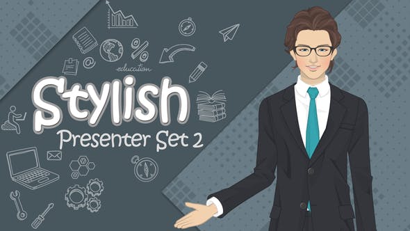 AE模板-MG卡通职业女性主持人角色解说介绍动画 Stylish Presenter Set 2