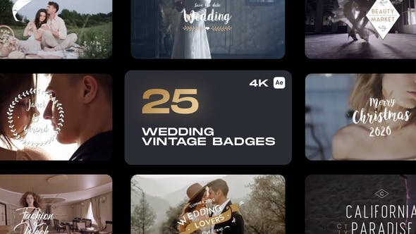 AE模板-25个复古浪漫爱情婚礼文字标题动画 Wedding Vintage Badges