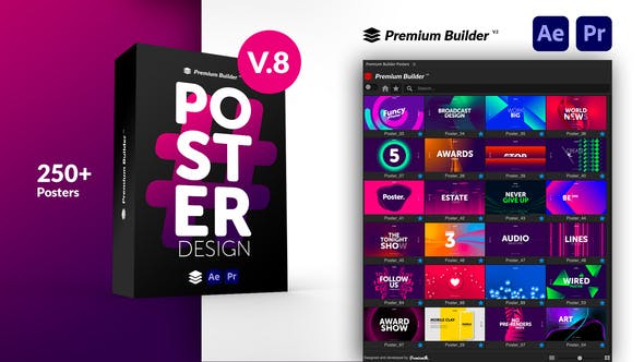 PR/AE脚本模板-256个时尚彩色图形文字标题排版广告海报设计宣传动画 Posters Pack V8插图