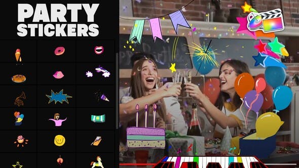 FCPX插件-25个手绘卡通聚会活动派对元素贴纸动画 Animated Party Stickers