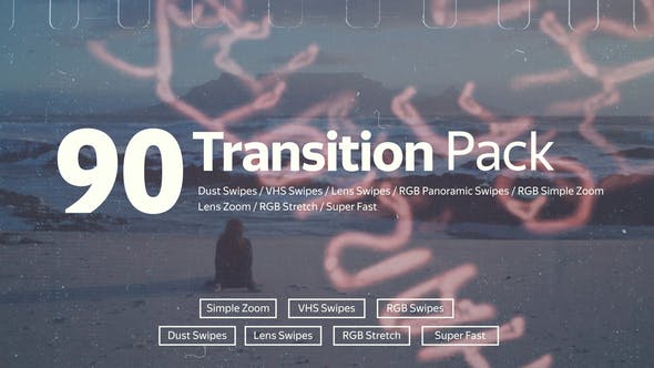 PR模板-90种VHS复古缩放冲击扭曲移动无缝视频转场 Transition Pack + 原版音乐