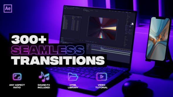 AE模板-300种缩放旋转扭曲分割透视滚动拉伸无缝转场预设 Handy Transitions