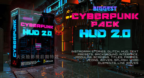 AE/PR模板/视频素材-未来科幻赛博朋克图形元素文字标题背景动画 Cyberpunk HUD V2