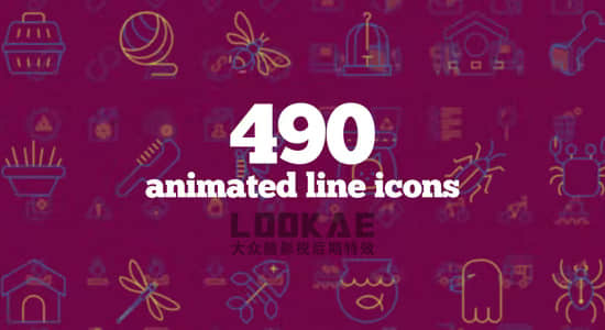 AE模板-490个生活食品建筑工具社交媒体线条图标动画 Animated Line Icons