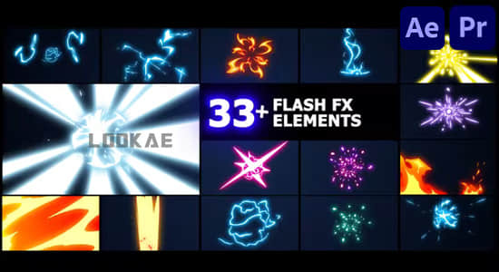 AE/PR模板-33组动漫卡通二维能量火焰电流爆炸MG动画 Flash FX Elements Pack