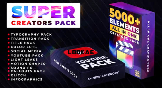 FCPX插件-5000个社交媒体文字标题图形排版动画LUTS调色转场豪华包 Super Creators Pack