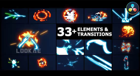 达芬奇模板-33个动漫卡通能量电流火焰MG动画和转场 Elements And Transitions