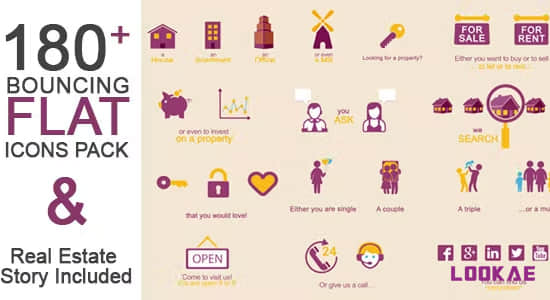 AE模板-180个日常生活平面图标弹跳动画 Bouncing Flat Icon Pack + Story
