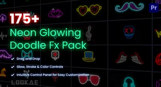 AE/PR模板-175个霓虹发光涂鸦图形动画包 Neon Glowing Doodle Pack