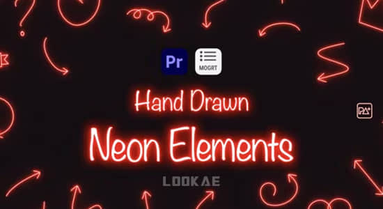 PR模板-48个手绘霓虹发光线条图形元素动画 Hand Drawn Neon Elements