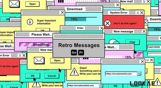 12组复古风格Windows弹窗图形动画AE/PR模板 Retro Messages