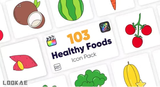 FCPX插件-103个可爱卡通水果蔬菜食物图标动画 Healthy Food Icons