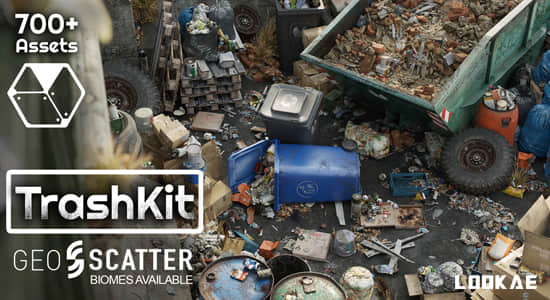 Blender插件-700种垃圾堆废品纸箱瓶子塑料袋罐子3D模型资产预设库 Trash Kit - 3D Assetkit