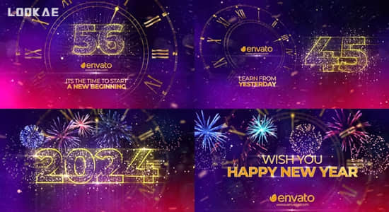 AE模板-2024新年快乐时钟数字60秒倒计时动画开场片头 New Year Countdown