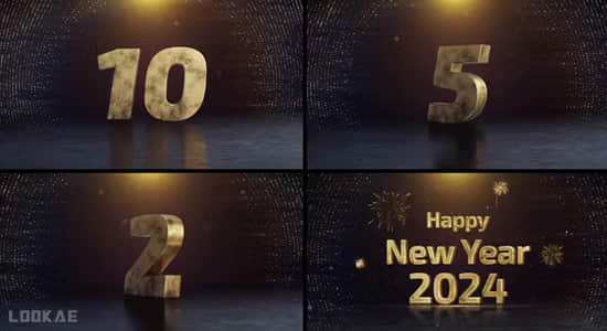 AE模板-三维10秒数字倒计时2024新年快乐片头 New Year Countdown