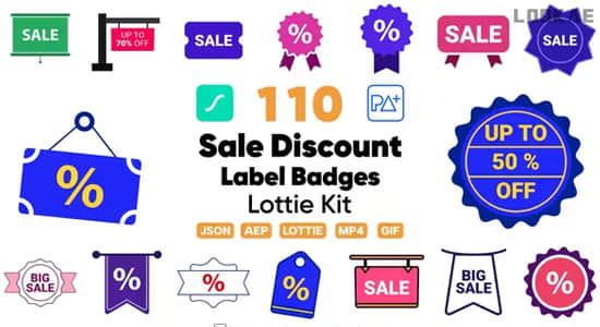 AE模板-110组宣传促销打折徽章标签矢量图形动画 Sale Discount Label Lottie Badges