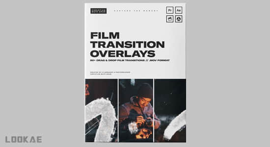 4K视频素材-61个电影胶片刮痕纹理闪烁转场叠加动画 Film Transition Overlays