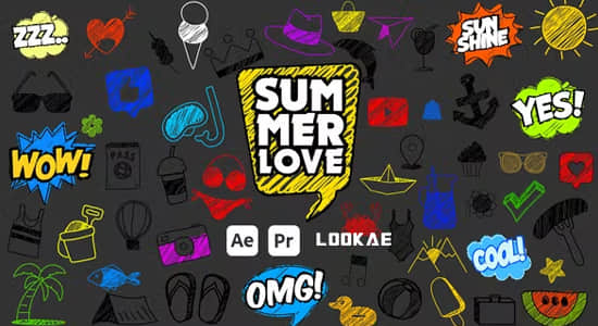 AE/PR模板-68个卡通可爱手绘线条涂鸦图形动画 Summer Scribble Icons