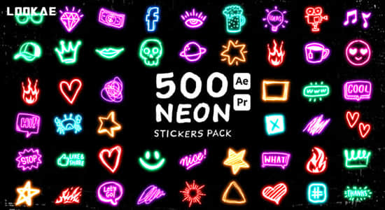 AE/PR模板-500个霓虹发光图形贴纸动画 Neon Stickers Pack
