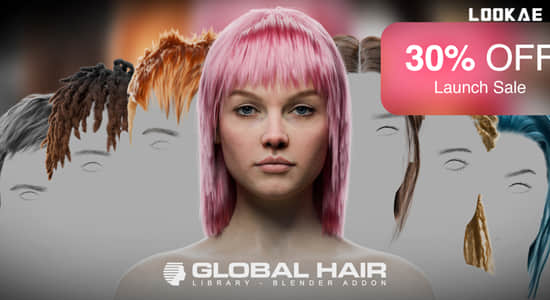 Blender插件-人物角色头发胡须发型库资产预设 Global Hair V1.0-LookAE.com Blender插件-人物角色头发胡须发型库资产预设 Global Hair V1.0